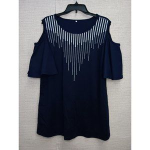 Navy Cold Shoulder Blouse with Dot drops  round neck Plus Size 2X